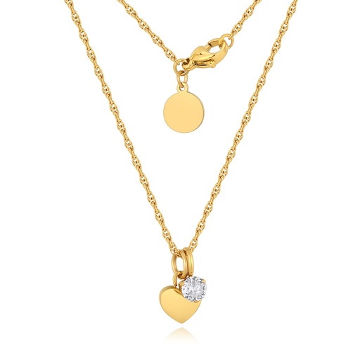 [DJ01N0448-2] Gold Stainless Steel Heart Pendant Necklace with Cubic Zirconia