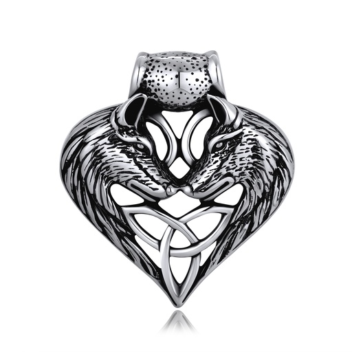 [DJ01P0108] Stainless Steel Double Wolf Heart Pendant with Celtic Knot Design