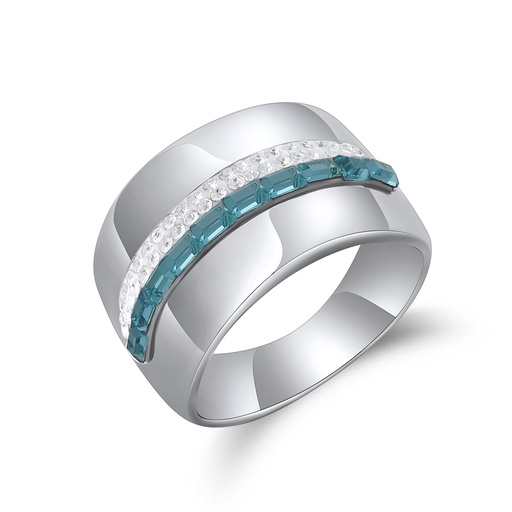 [DJ01R0020] Silver Stainless Steel Ring with Aqua and Clear Crystal Inlay