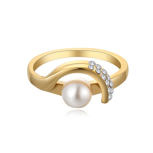 [DJ01R0028] Gold Stainless Steel Ring with Pearl and Crystal Accent