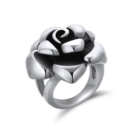 [DJ01R0052] Stainless Steel Black Rose Flower Ring with High-Polish Finish