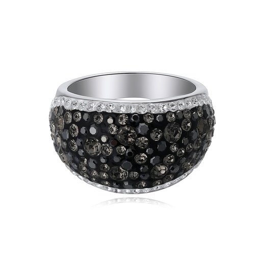 [DJ01R0053] Dome-Shaped Black and Silver Paved Crystal Stainless Steel Ring