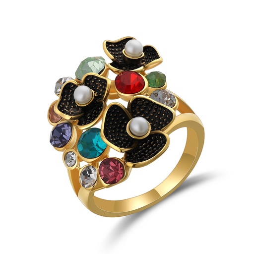 [DJ01R0059] Colorful Floral Stainless Steel Ring with Pearls and Gemstones
