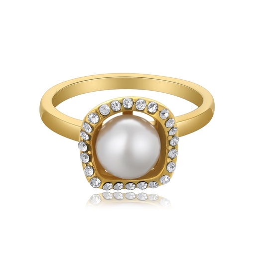 [DJ01R0063] Elegant Gold-Plated Stainless Steel Ring with Pearl and Crystals