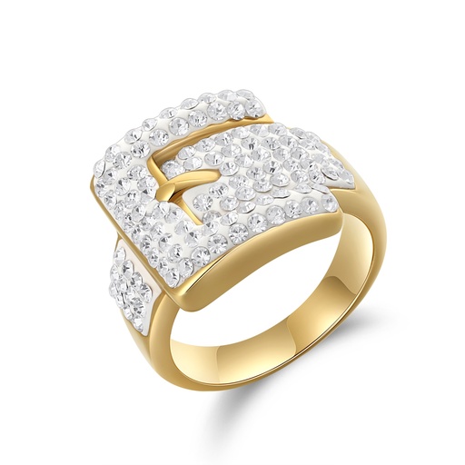 [DJ01R0067] Gold and Crystal Stainless Steel Belt Buckle Ring – Iced-Out Statement Piece