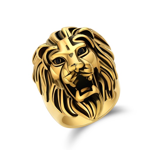 [DJ01R0068-1] Gold Plated Stainless Steel Lion Head Ring – Bold and Majestic Design