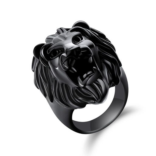 [DJ01R0072] Ferocious Black Stainless Steel Lion Head Ring