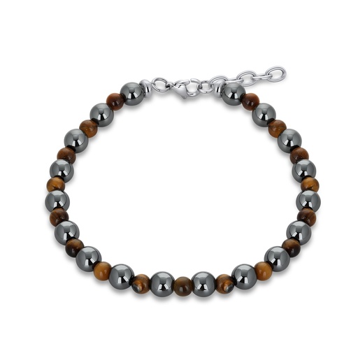 [DJ02B0001] Hematite and Tiger Eye Beaded Stainless Steel Bracelet