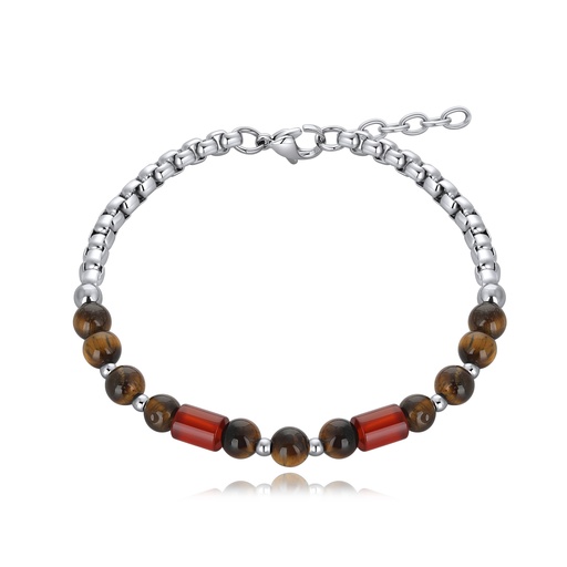[DJ02B0004] Red Agate and Tiger Eye Mixed Bead Bracelet with Chain Detail