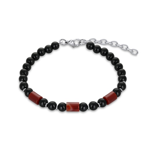 [DJ02B0005] Elegant Black Onyx and Red Agate Stainless Steel Bracelet