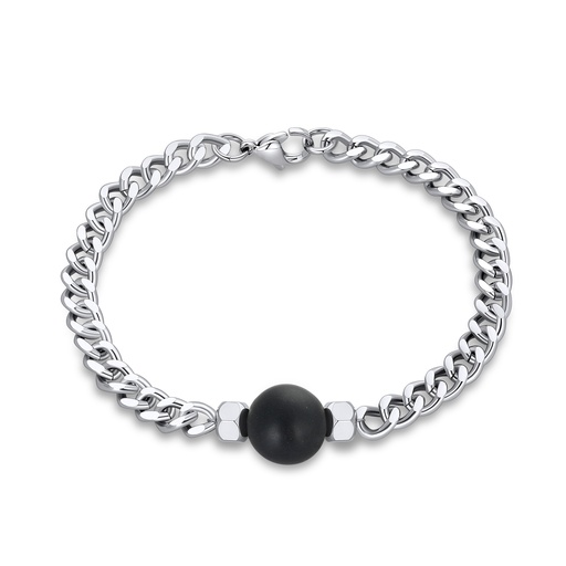 [DJ02B0010-2] Matte Black Agate and Stainless Steel Chain Bracelet