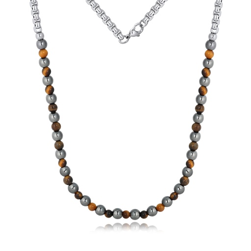 [DJ02N0001] Tiger Eye & Steel Bead Necklace
