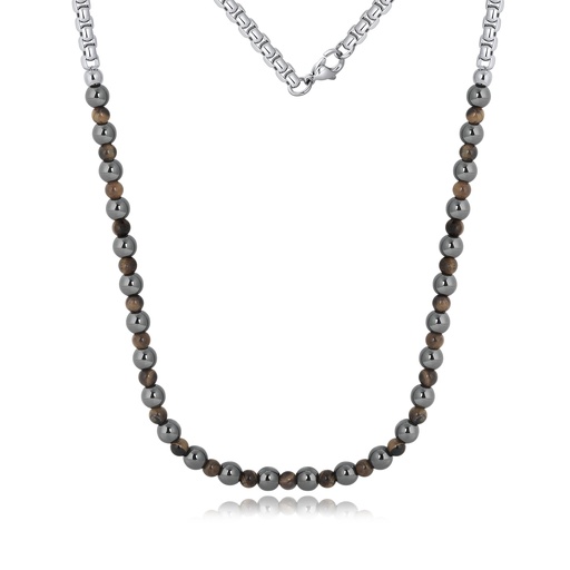 [DJ02N0006] Minimalist Stainless Steel Necklace with Brown Natural Beads and Metallic Shine
