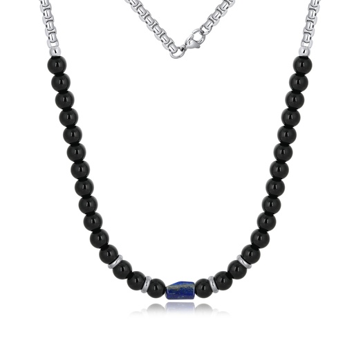 [DJ02N0007] Elegant Black Onyx and Blue Lapis Beaded Necklace with Stainless Steel Chain
