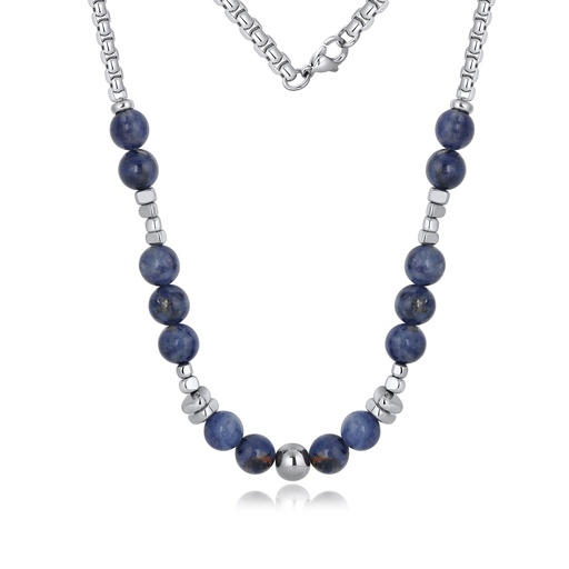 [DJ02N0009] Stainless Steel and Blue Sodalite Bead Necklace for Contemporary Minimalist Style