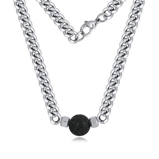 [DJ02N0010-1] Heavy Stainless Steel Cuban Chain Necklace with Black Lava Rock Center Bead
