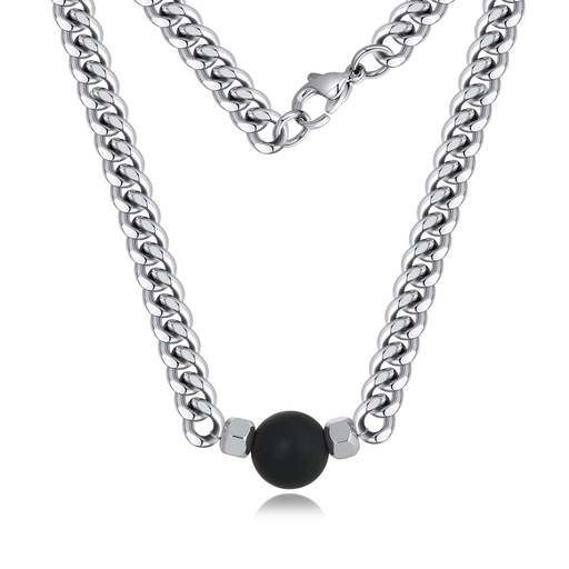 [DJ02N0010-2] Stainless Steel Curb Chain Necklace with Matte Black Bead Accent