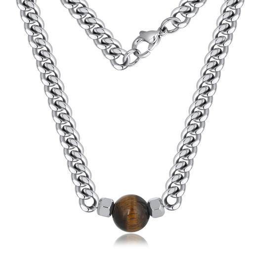 [DJ02N0010-3] Polished Stainless Steel Necklace with Tiger Eye Bead Centerpiece