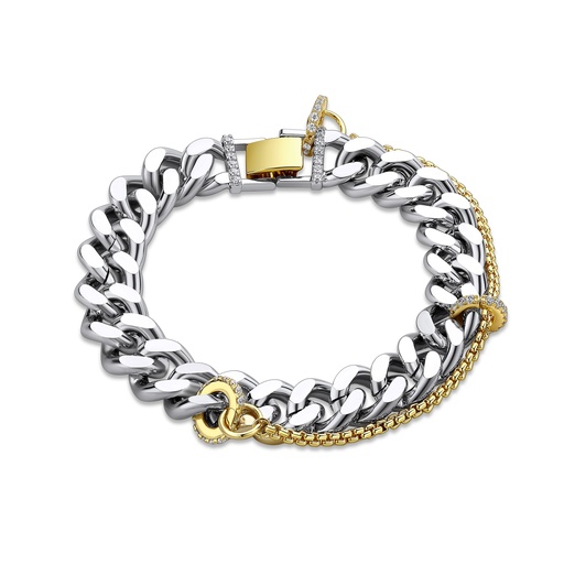 [BJ01B0004] Dual-Tone Stainless Steel Bracelet with Gold Accents and CZ Details