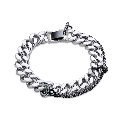 [BJ01B0004-1] Black and Silver Stainless Steel Chain Bracelet with CZ Embellishments
