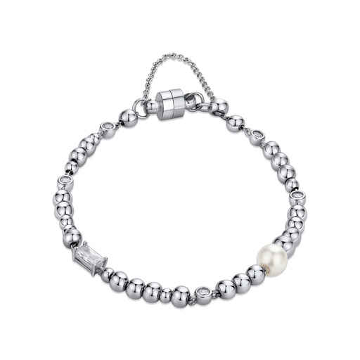 [BJ01B0029] Elegant Steel Bead Bracelet with Pearl and Gemstones