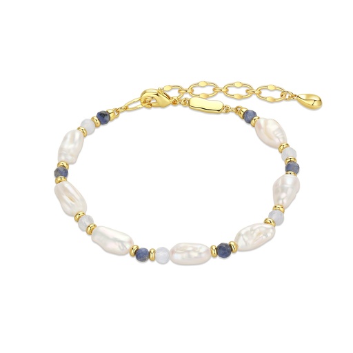 [BJ01B0075-1] Freshwater Pearl and Blue Gemstone Gold Tone Brass Bracelet