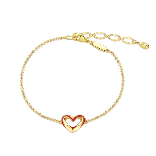 [BJ01B0082] Enamel Red Heart Gold Tone Chain Romantic Brass Bracelet
