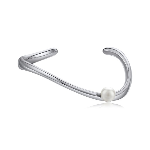 [BJ01B0085] Open Curve Pearl Accent Polished Minimalist Silver Brass Cuff