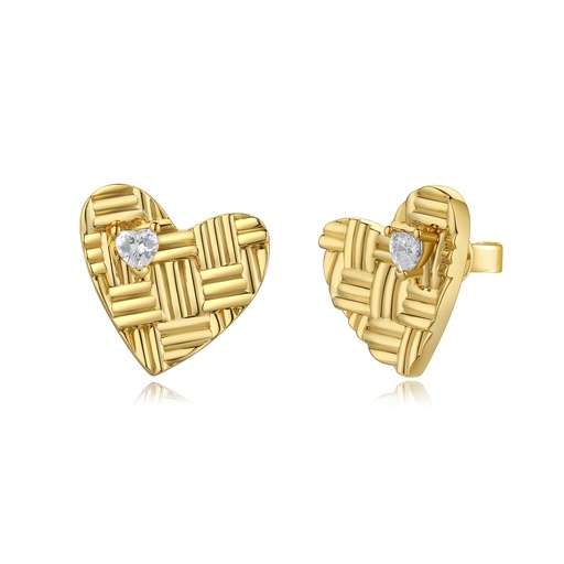 [BJ01E0140] Textured Gold Heart Stud Earrings with CZ Accent