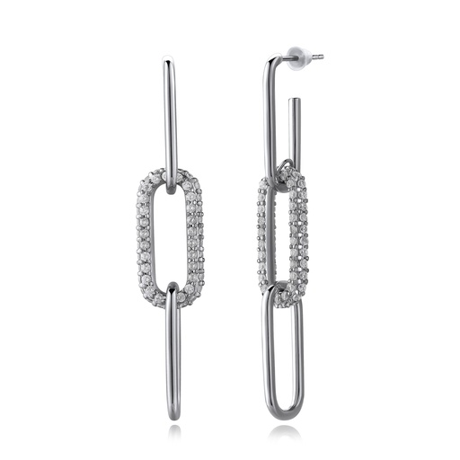 [BJ01E0141-1] Silver Link Drop Earrings with Pavé Crystal Detail