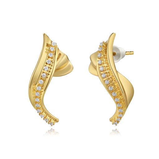 [BJ01E0186] Gold Brass Wave Earrings with Sparkling CZ Stones