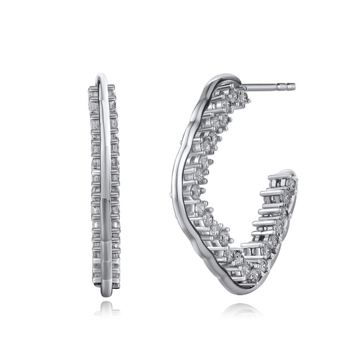 [BJ01E0187] Silver Hoop Earrings with Geometric Crystal Detailing