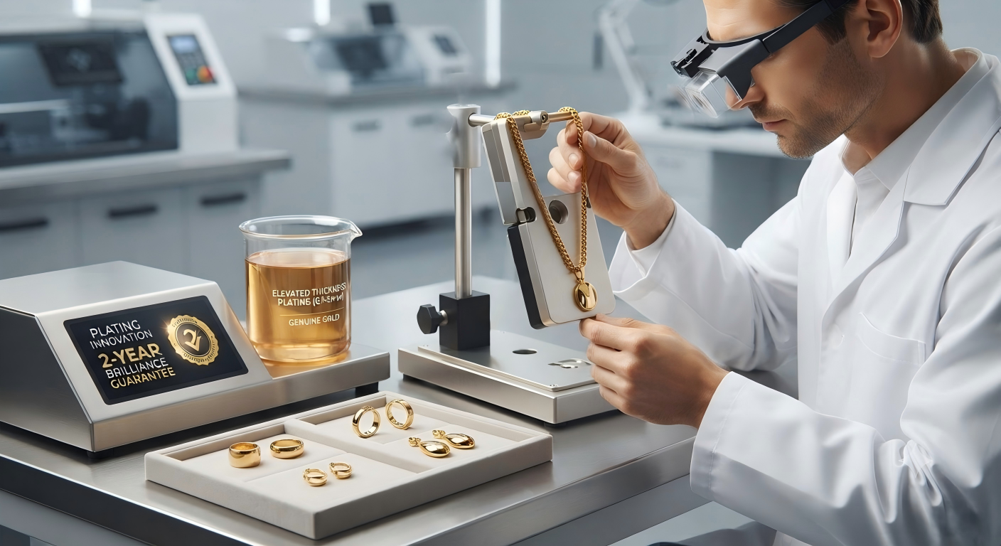 Gold Jewelry Manufacturer Inspecting High-Quality Gold Plated Necklace and Rings with Advanced Plating Innovation