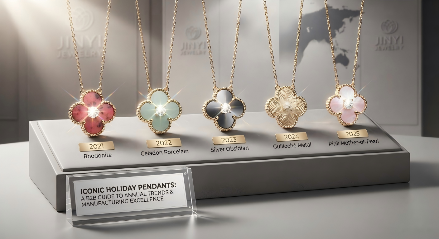 Jinyi Jewelry Annual Holiday Pendants Collection (2021-2025) featuring Rhodonite, Celadon Porcelain, Silver Obsidian, Guilloché Metal, and Pink Mother-of-Pearl