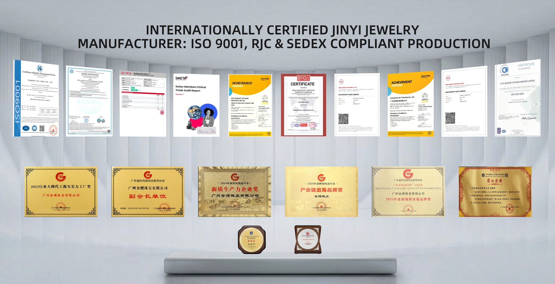 Certificaciones internacionales y estándares de cumplimiento de Jinyi Jewelry, incluyendo ISO, RJC, SMETA y CTPAT para fabricación de joyería B2B.