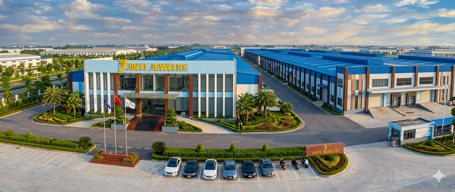 Jinyi Jewelry large-scale manufacturing factory exterior view in Thanh Hoa Vietnam, showing modern production facilities and headquarters for B2B jewelry supplier operations.