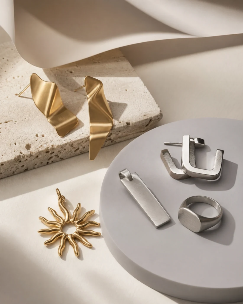 Gold-tone folded-ribbon earrings and sunburst pendant beside brushed stainless steel earrings, pendant, and signet ring
