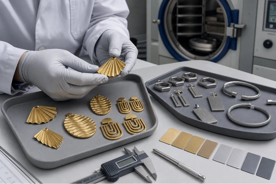 Illustrative jewelry quality-control scene with gold-tone cast components, geometric stainless steel pieces, finish samples, and measuring tools