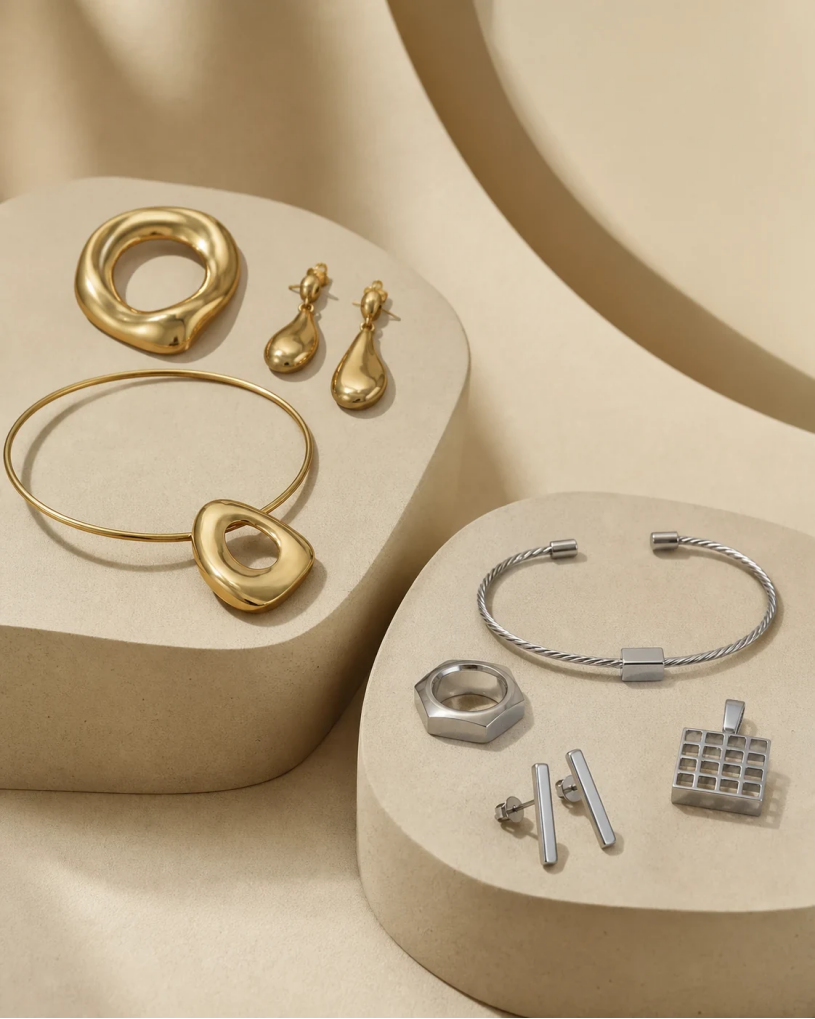 Gold-tone organic cast jewelry and silver-tone geometric stainless steel pieces arranged on sculptural plinths