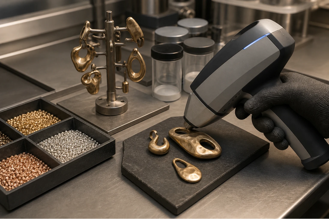 Generic alloy analyzer checking cast jewelry components beside separated raw material lots