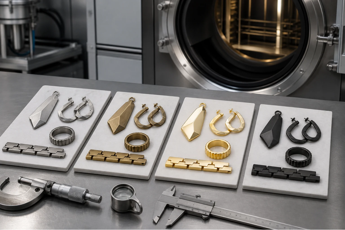 Stainless steel and brass jewelry components shown across unfinished, gold, and dark surface finishes