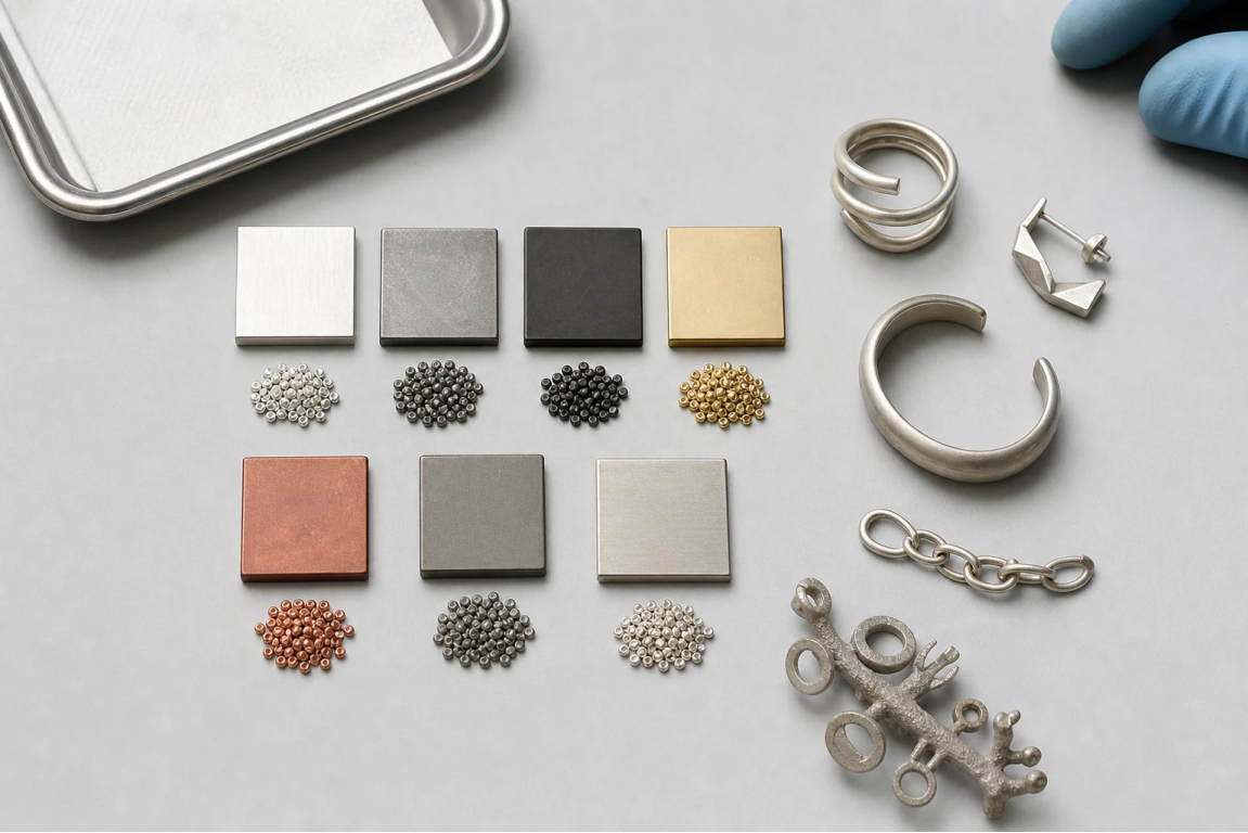 Seven unlabeled metal samples with original jewelry components arranged for B2B risk screening