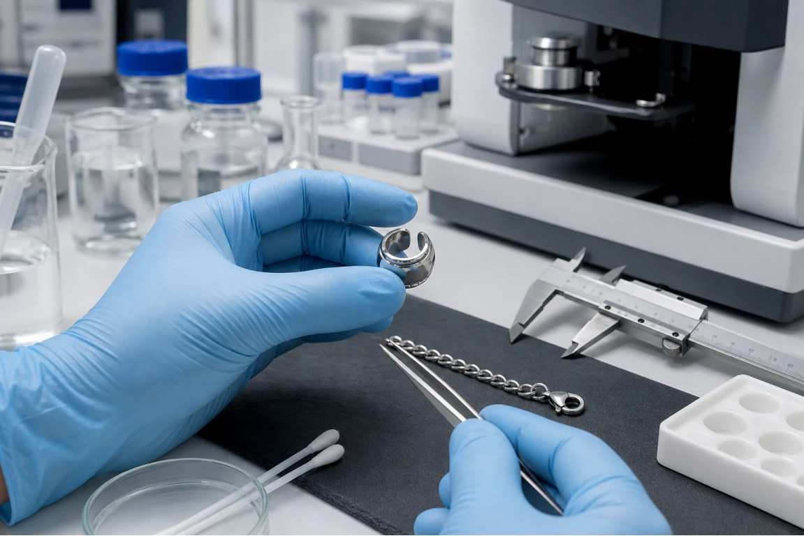 Gloved quality-control technician preparing stainless steel jewelry components for laboratory evaluation