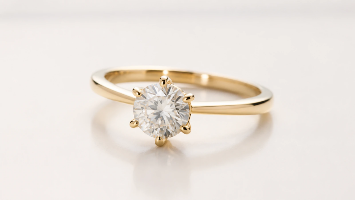 Photorealistic macro photograph of a round gemstone secured by six polished claw prongs in a yellow-gold solitaire ring.