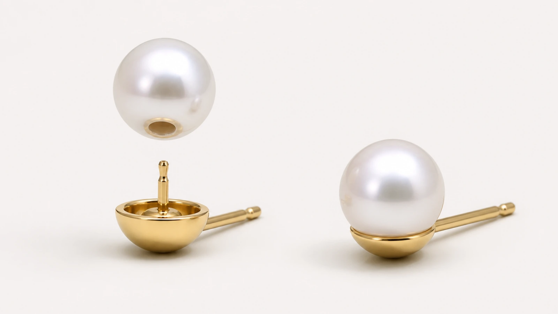 Photorealistic exploded product view of a drilled pearl aligned over a gold jewelry peg beside an assembled pearl stud.