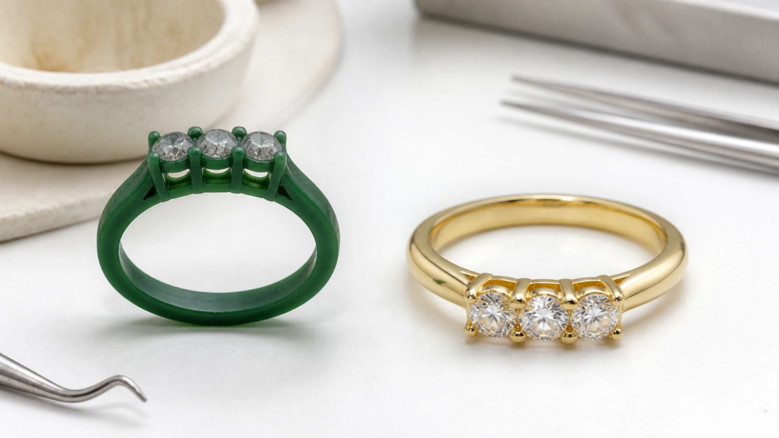 Photorealistic jewelry process photograph comparing a stone-set wax model with the matching finished cast gold ring.