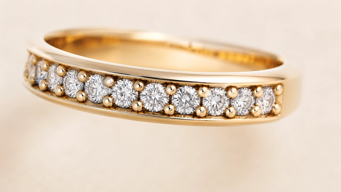 Photorealistic macro photograph of small diamonds individually secured by raised rounded gold beads.
