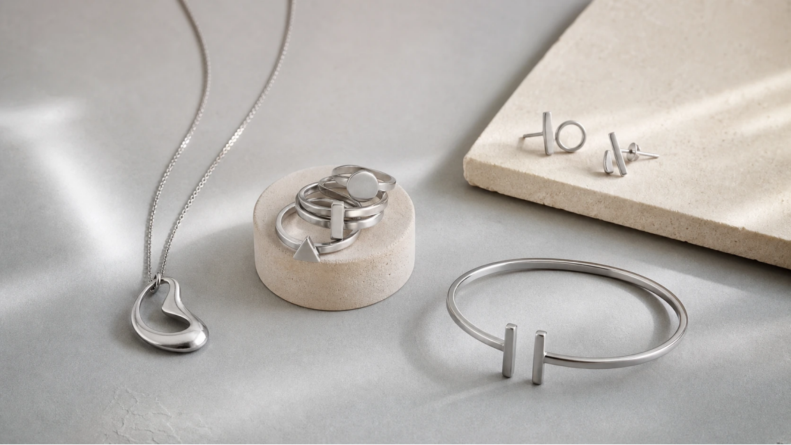 Original minimalist stainless steel necklaces, rings, earrings, and cuff bracelet arranged as a coordinated product range.