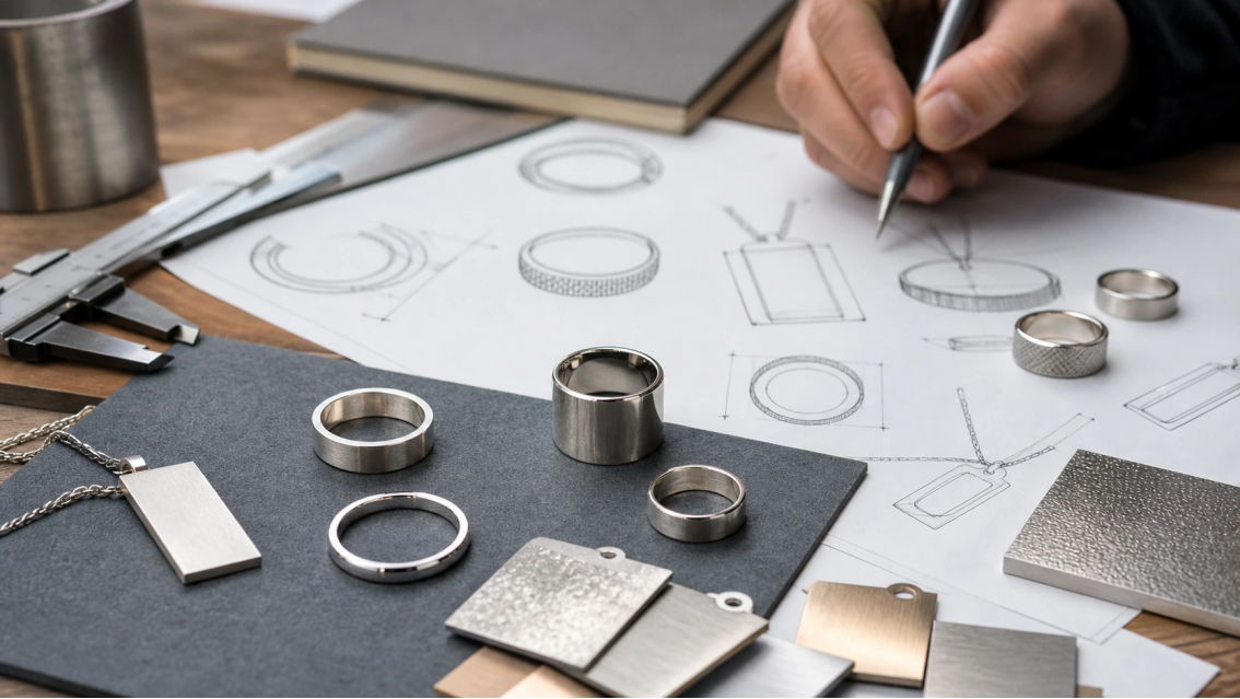 Stainless steel jewelry design samples, technical drawings, finish plates, and calipers at a product development workstation.