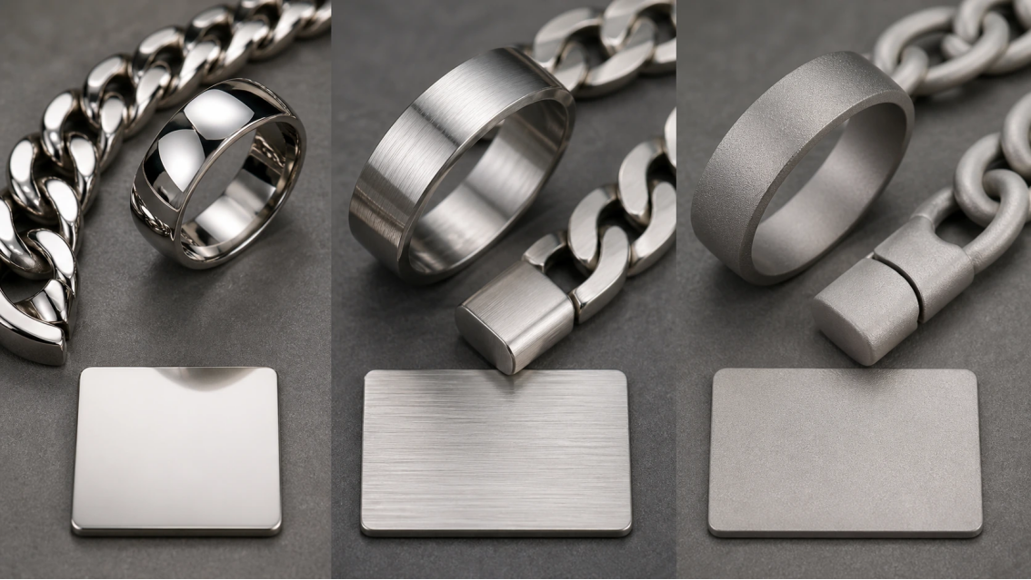 Original stainless steel jewelry showing mirror polished, brushed satin, and matte surface treatments.